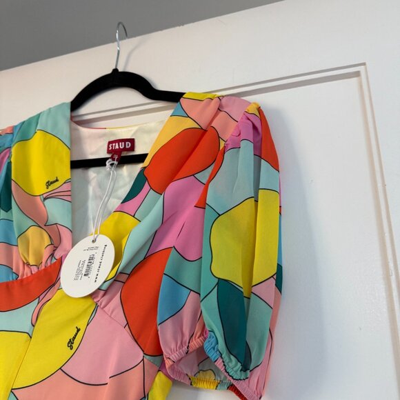 NWT Staud Milla A-line Mini Dress Georgette Citrus Kaleidoscope V-Neck Sz 00 - Picture 5 of 9